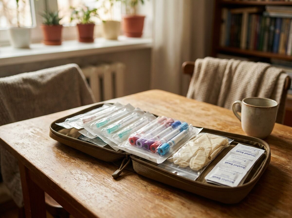 Trusă medicală cu echipament steril de unică folosință, sigilat, pe masa din sufragerie