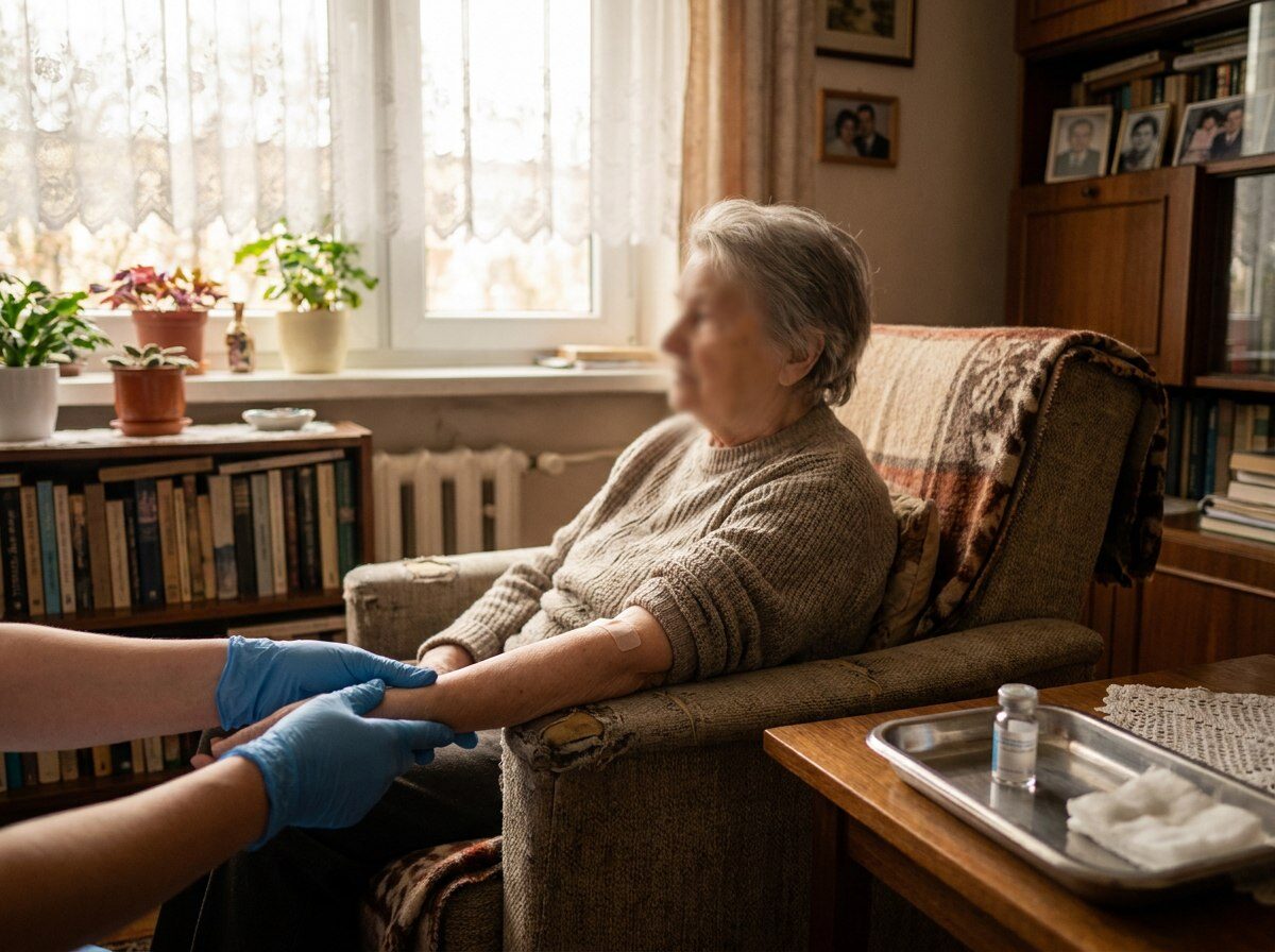 Recoltare blândă, cu mănuși sterile, la brațul unui vârstnic așezat confortabil în fotoliu